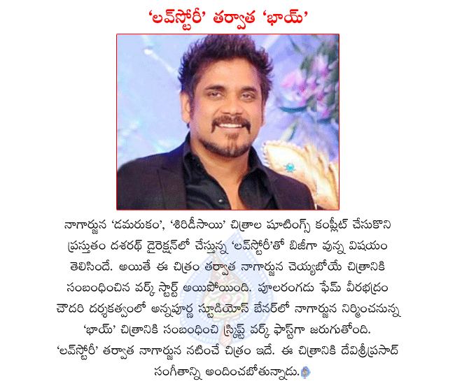 nagarjuna latest movie love story,nagarjuna and dasarath combo movie love story,nagarjuna and veerabhadram combo movie bhai,devisri prasad music to bhai,bhai shooting will start after love story  nagarjuna latest movie love story, nagarjuna and dasarath combo movie love story, nagarjuna and veerabhadram combo movie bhai, devisri prasad music to bhai, bhai shooting will start after love story